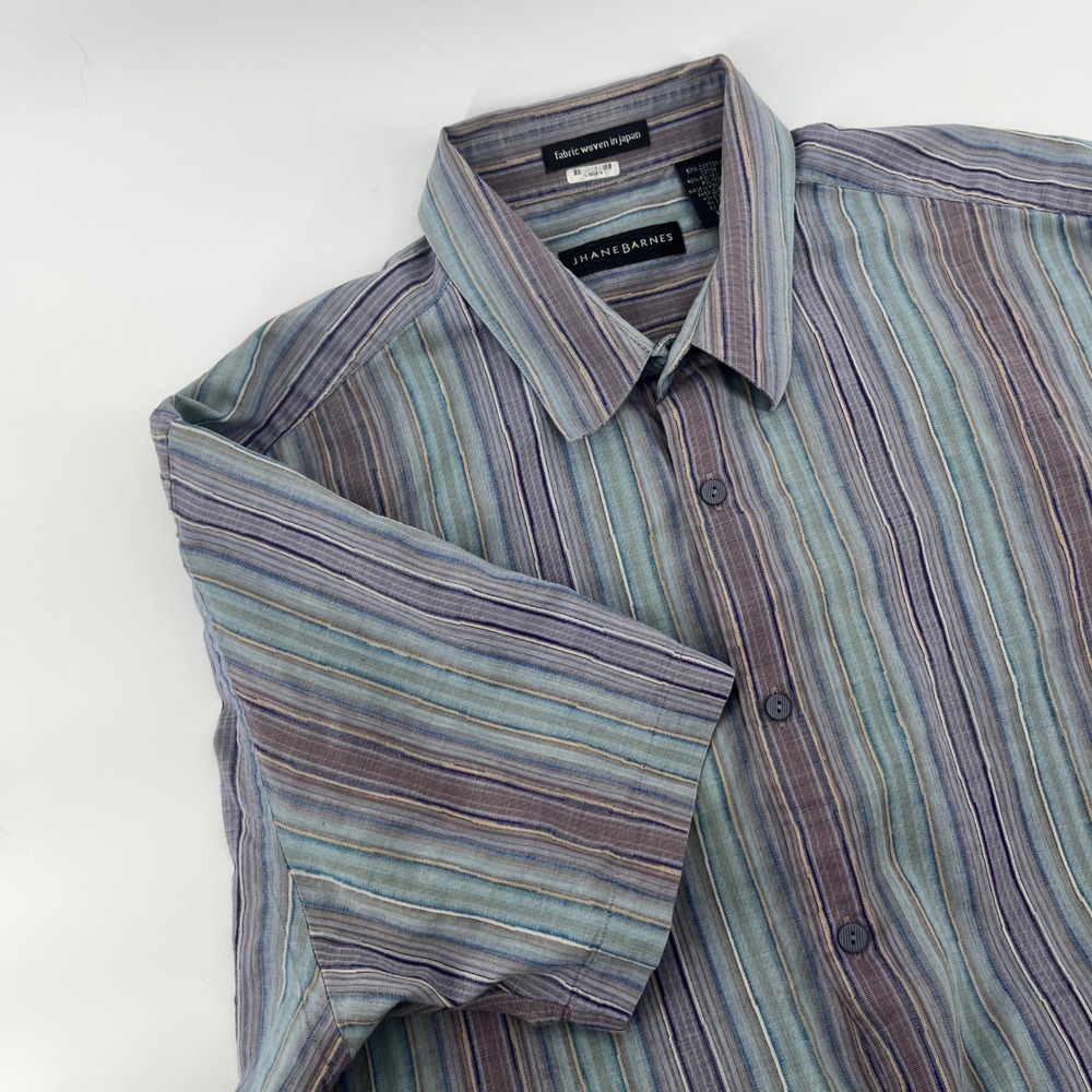 Jhane Barnes Mens Large Multi Stripe Short Sleeve Button Down Shirt Japan Fabric
